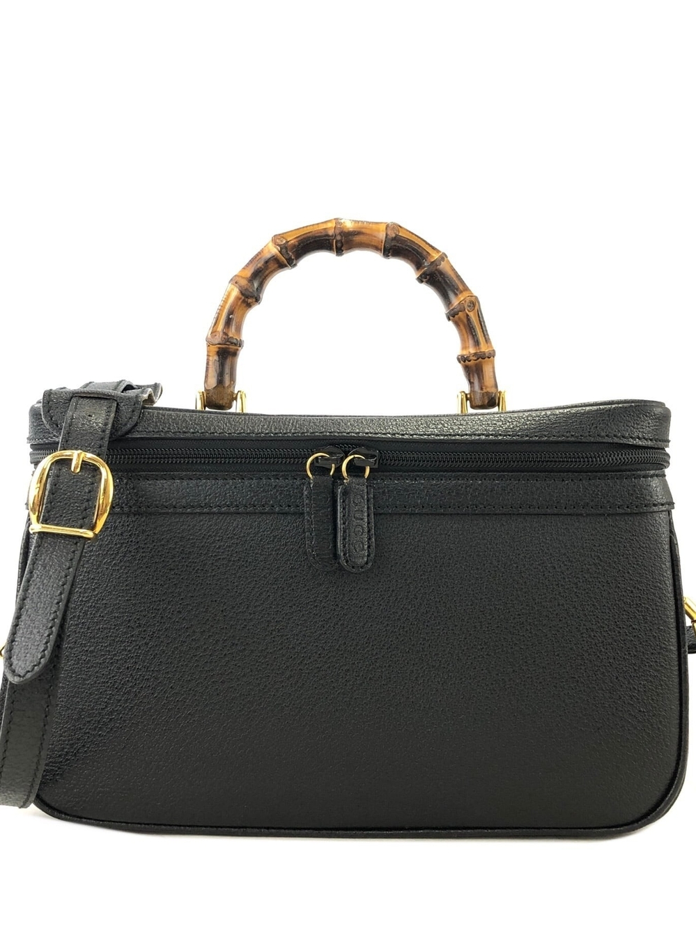 Gucci BLACK Bamboo Pebbled Leather Black Train Case Vanity 2way Vintage Bag XL